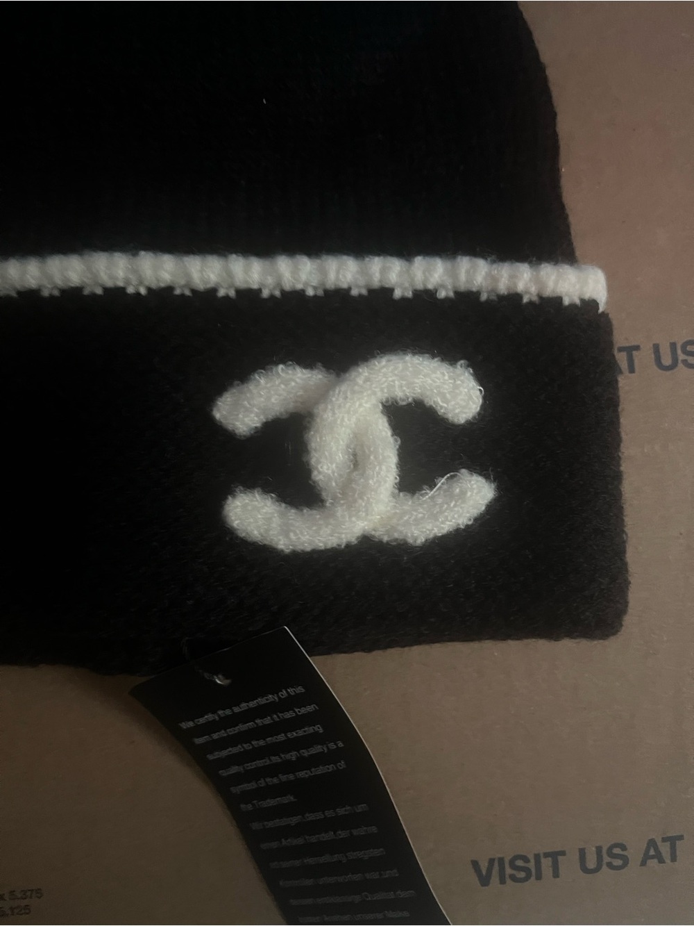 CHANEL Black and White Knit Beanie with CC Emblem - Picture 2 of 3